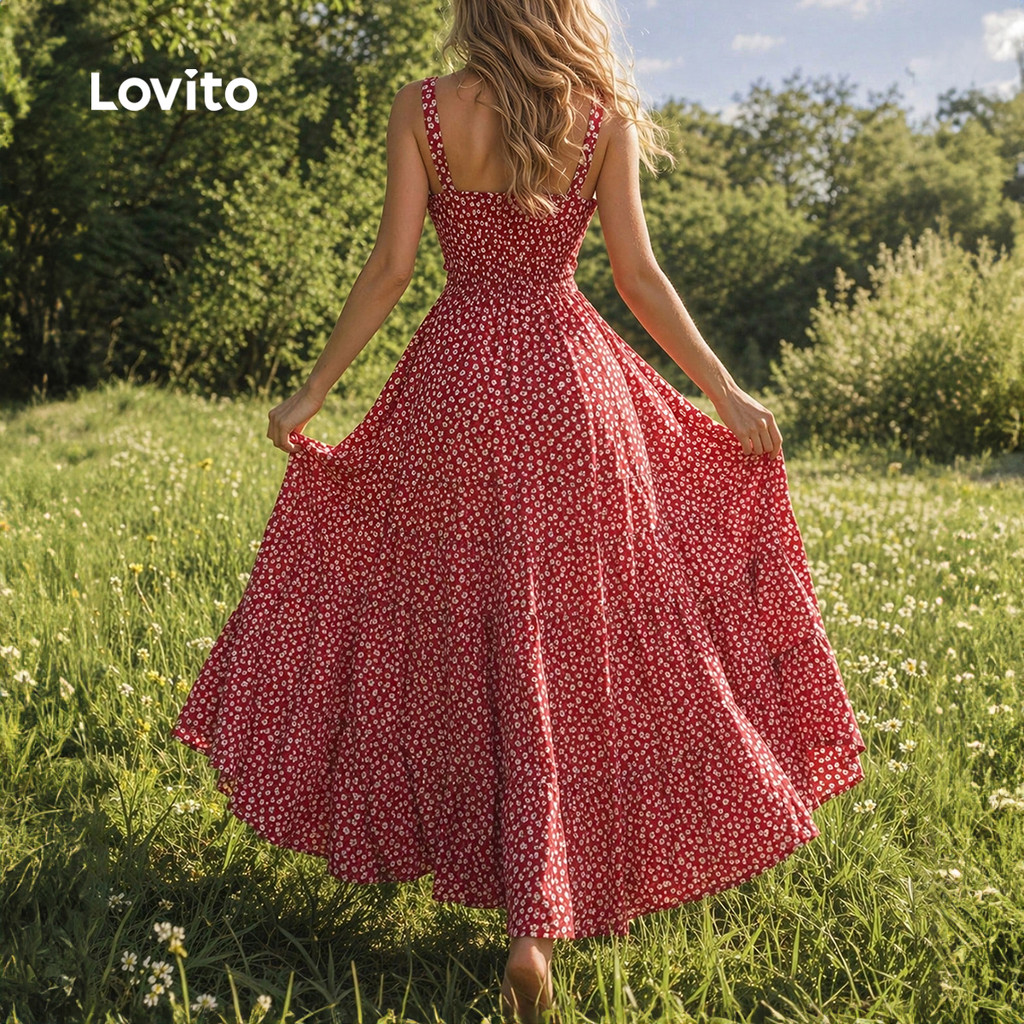 (New Arrival) Lovito Vestido Boho Feminino Longo Floral miúdo Plissado Corte a Casual primavera/verão Fim De semana/férias DRB39BR114 · foto 2