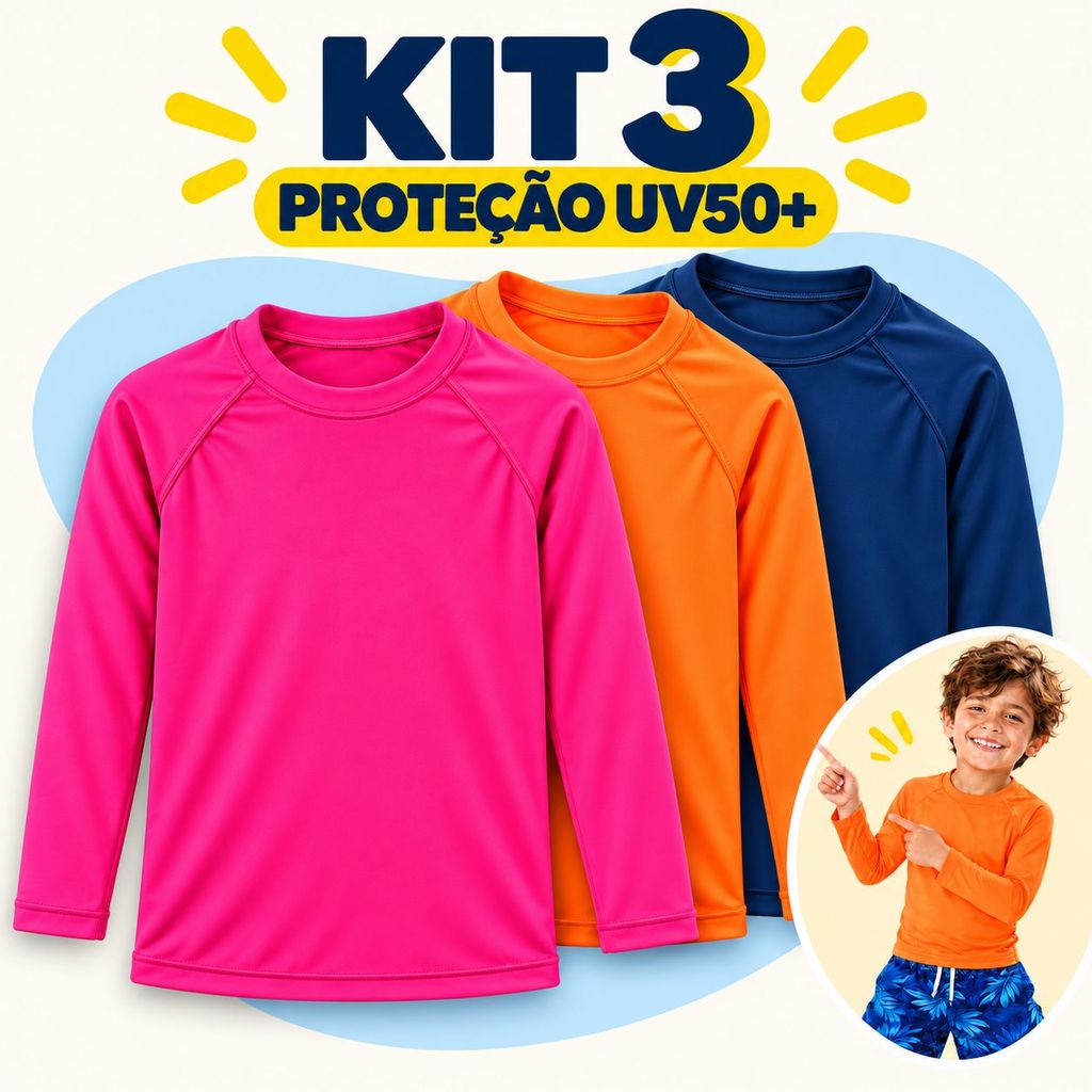 Kit 3 Camisa UV50+ Proteção Solar Térmica Infantil Menino Menina 1 a 12 Anos Blusa Bebê E Juvenil