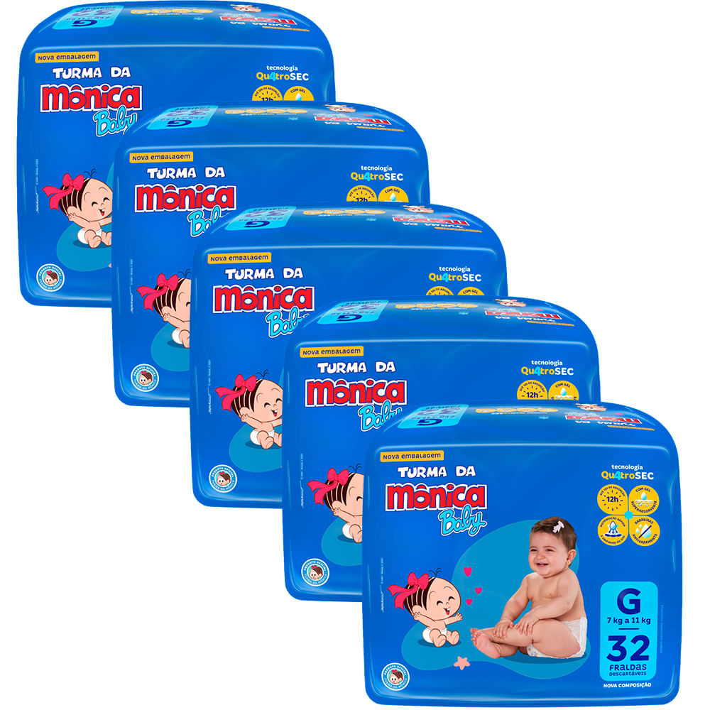Kit 5 Fraldas Turma Da Mônica Mega G - 160 Tiras