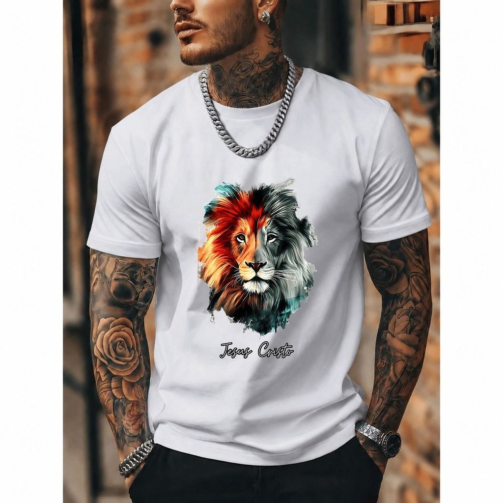 [Premium Algodão Puro]TAC Camiseta Oversized Streetwear Masculina e Feminina, Estampa de Leão, 100% Algodão, Estilo Casu
