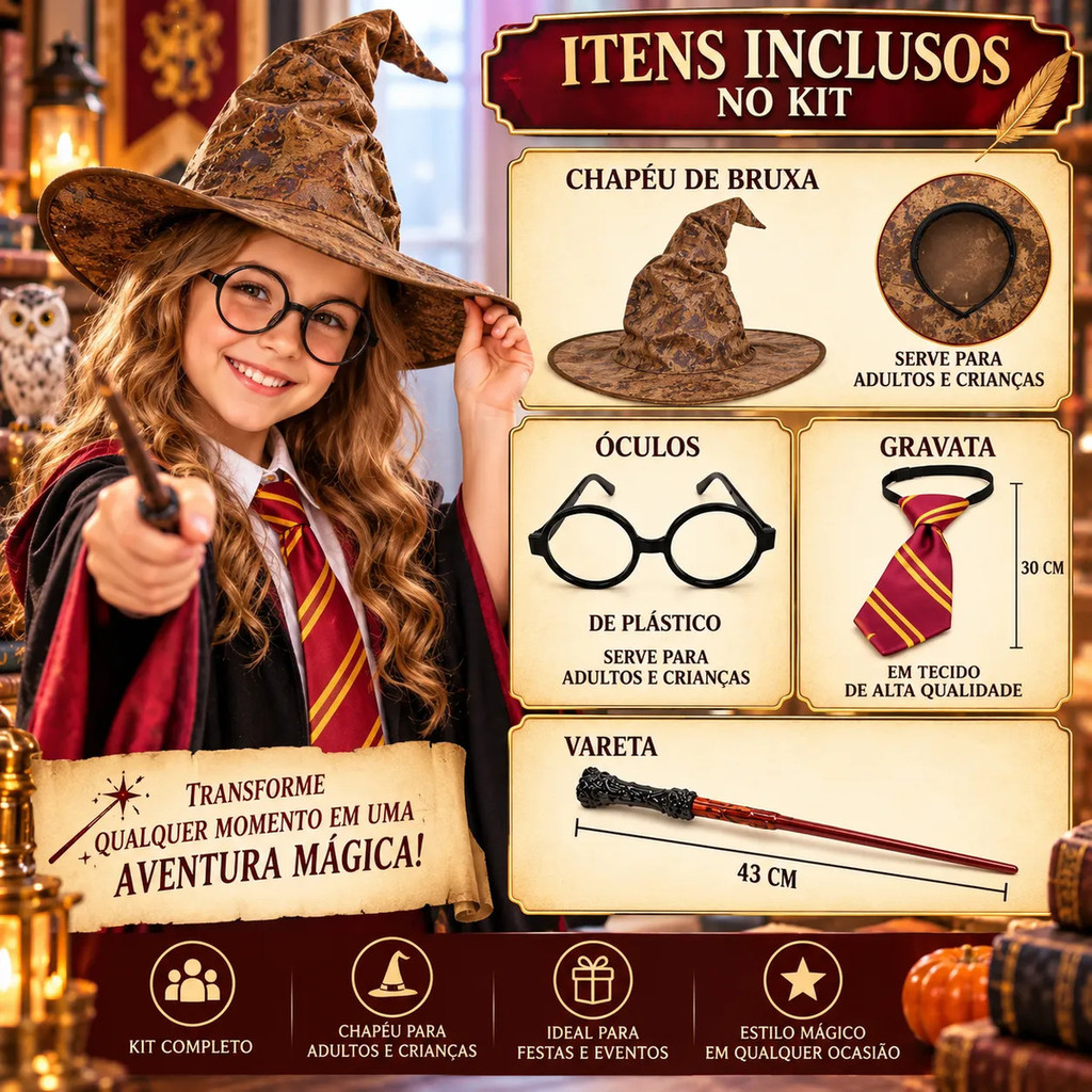 Kit Fantasia Bruxo Completo Chapéu Gravata Halloween — imagem 2 de 2