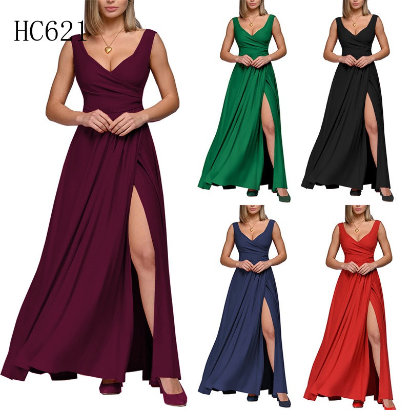 Vestido longo de festa, modelo maxi, para mulher, com fenda, sem mangas, simples, sensual, BU697.