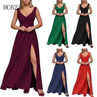 Vestido longo de festa, modelo maxi, para mulher, com fenda, sem mangas, simples, sensual, BU697.