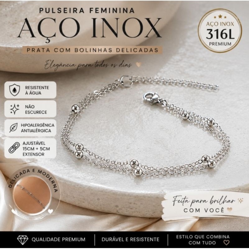 Pulseira Feminina dupla Aço Inox Prata com Bolinhas Ajustável Não Escurece Resistente à Água