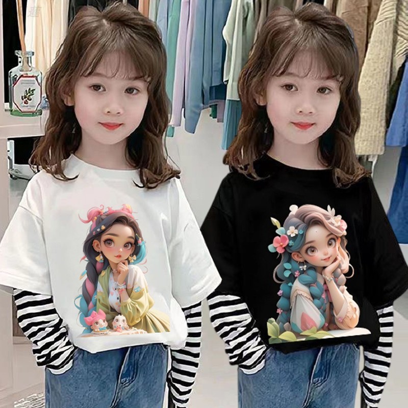 Meninas dos desenhos animados de manga comprida camiseta novo estilo Base estilo ocidental crianças falso listrado de du
