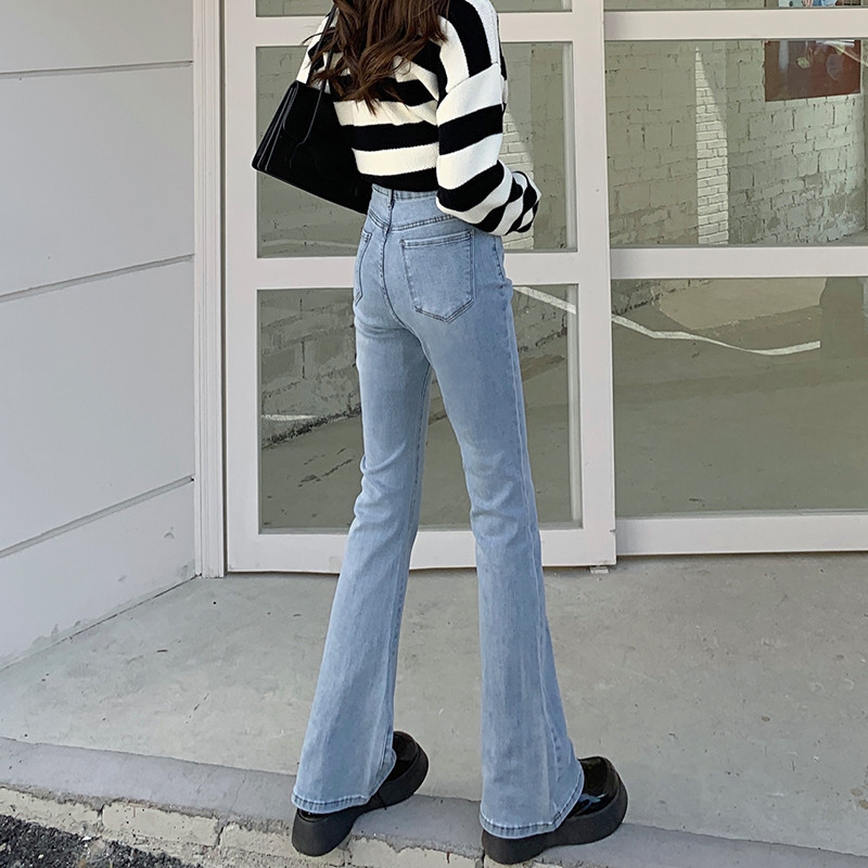 Americano luz azul Micro-queimado Jeans feminino outono inverno novo estilo cintura alta mais magro olhar alta elástica 