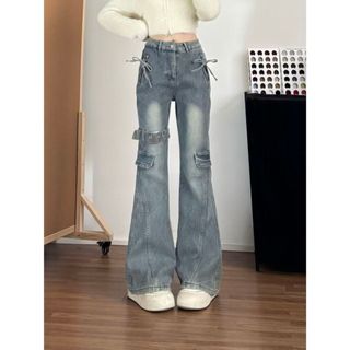 Americano Retro Micro-queimado Jeans feminino primavera verão Design sentido fino ajuste mais magro olhar amarrado costu