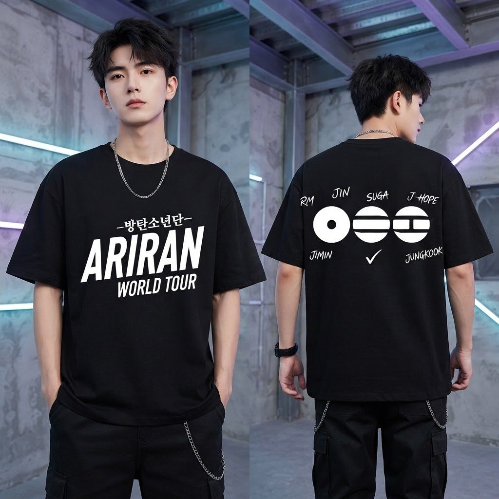Camiseta BTS Arirang World Tour Kpop Oversized Preta Unissex Manga Curta Estampada Streetwear Casual