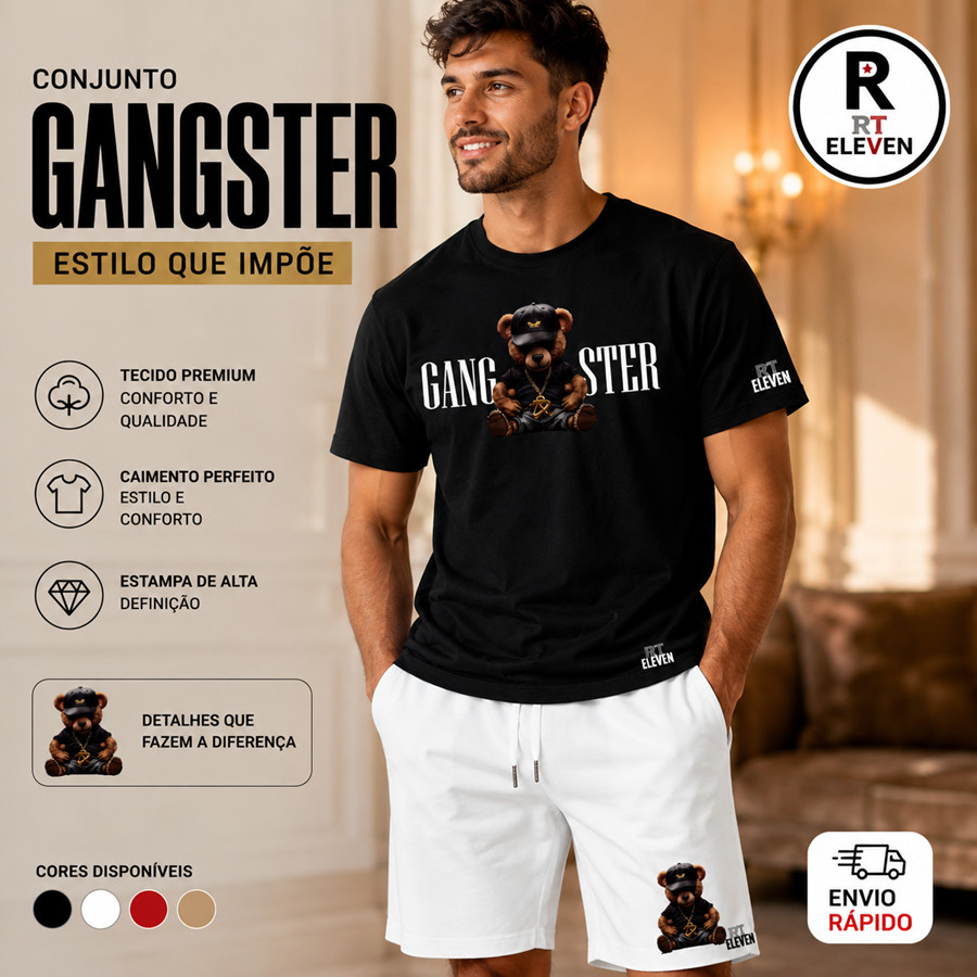 Kit Conjunto Gangster Camiseta Masculina 100% Algodão + Bermuda Moletom Lançamento Estampada Urso Badboy  Confortavel