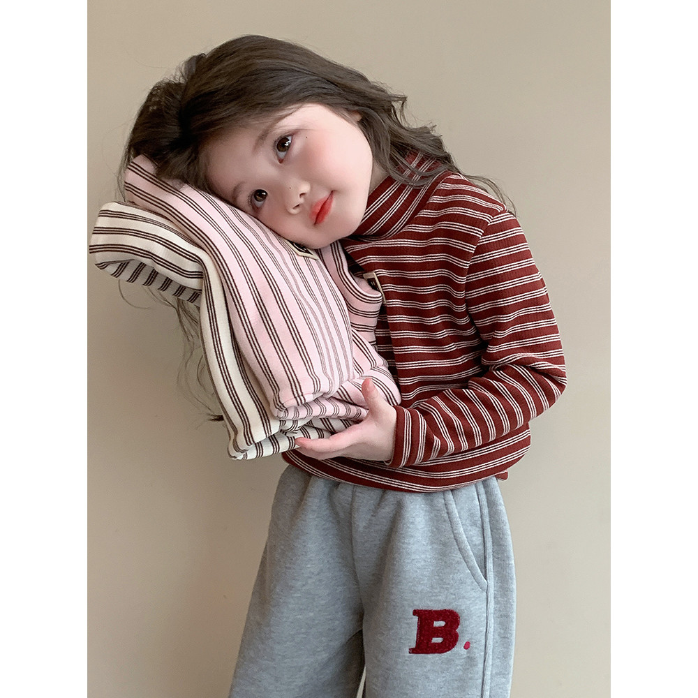 Meninas versão coreana listrado t forro de lã camisa de fundo crianças inverno novo estilo bebê menina camiseta inverno 