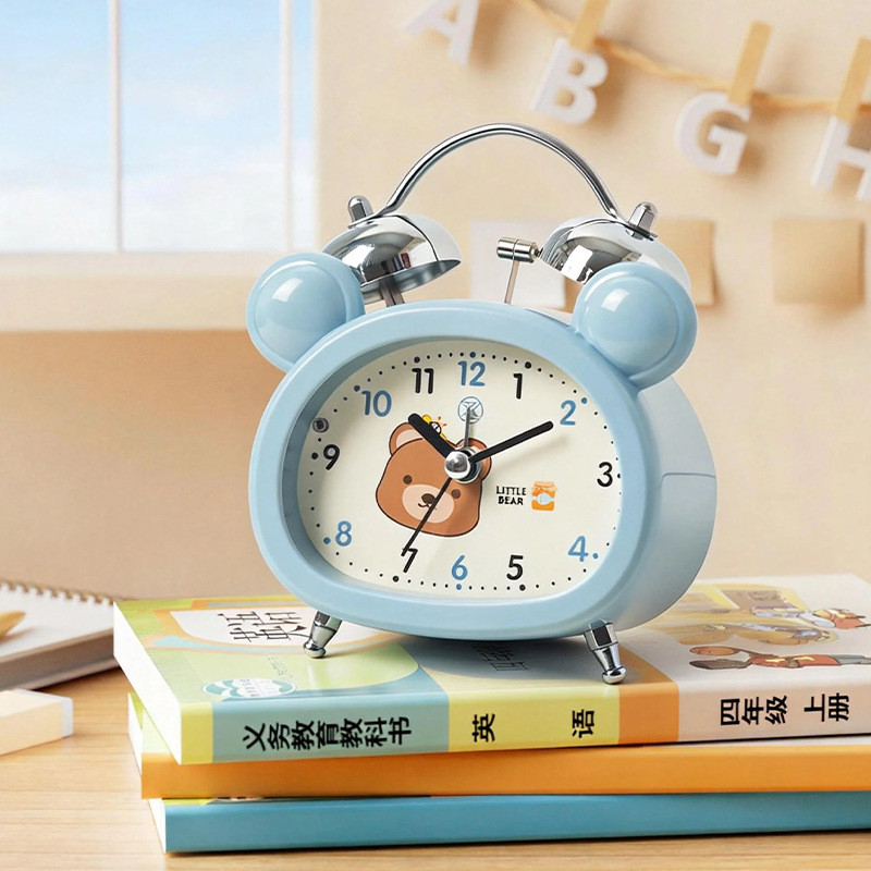 Despertador infantil com design de ursinho e coelhinho, luz noturna para quarto, relógio silencioso, ideal para estudant