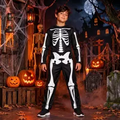 Fantasia Caveira Infantil de Halloween Esqueleto Longo Com Gorro