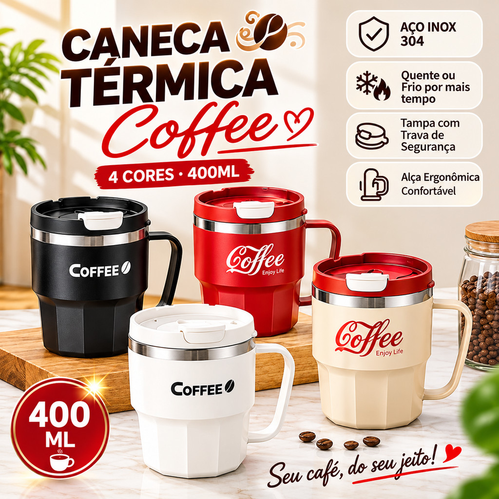 Caneca Térmica Café 400ml Aço Inox 304 Com Tampa Ideal Para Escritório e Casa