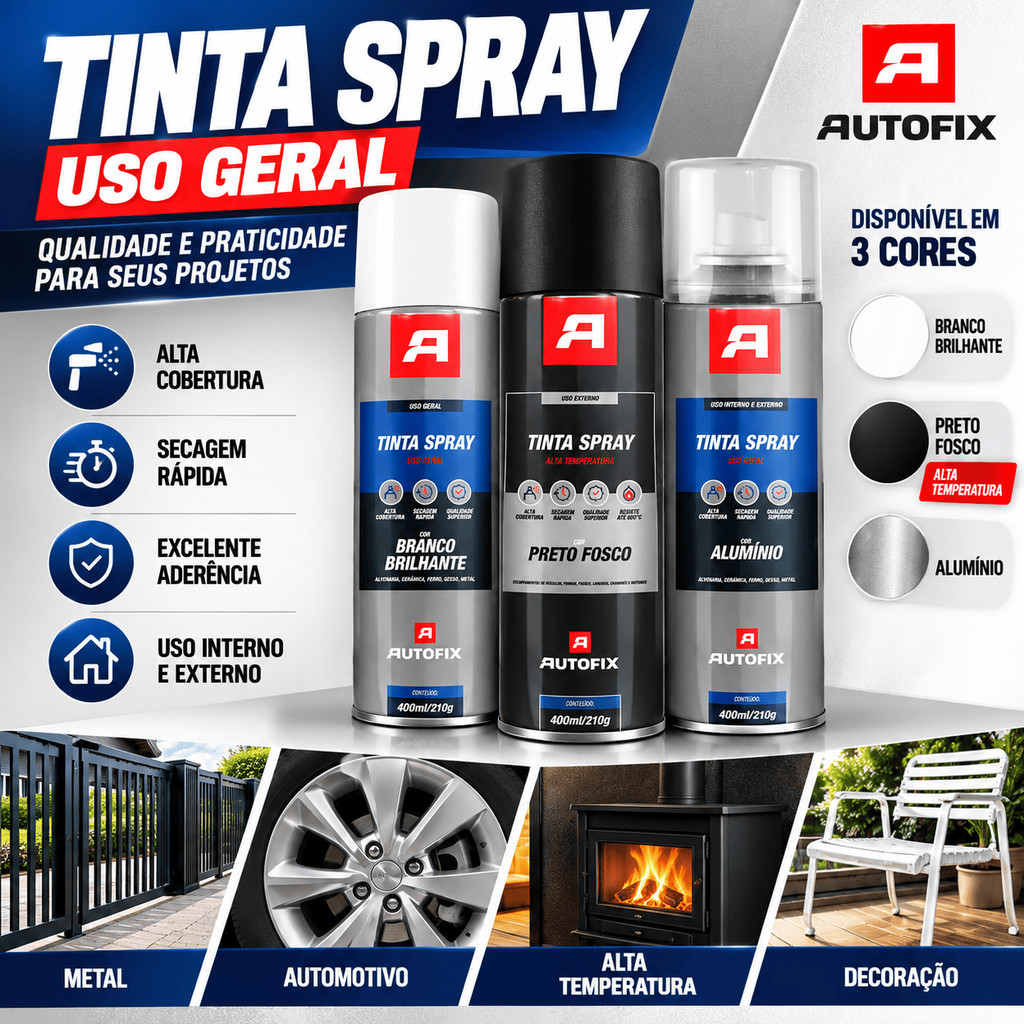 Tinta Spray Uso Geral 400ml - Autofix 400ml - Preto/Branco/Alumínio Uso geral e Alta Temperatura
