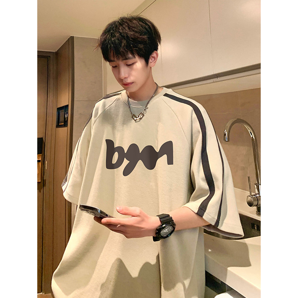 Manga Raglan impressa camiseta de manga curta masculina americana street Wear High street adolescente meia manga pesada 