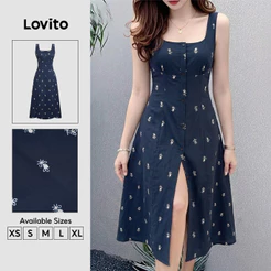 Lovito Vestido Feminino Longo Boho Floral Miúdo Com Botões Corte A Azul Estilo Retrô Anos 90 Para Primavera/verão E Férias DRB201P1D092