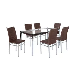 Conjunto Sala de Jantar Mesa Tampo de Vidro 6 Cadeiras Aço Tokio Yescasa Marrom/Cromado/Tex Cromado/Marrom Tex