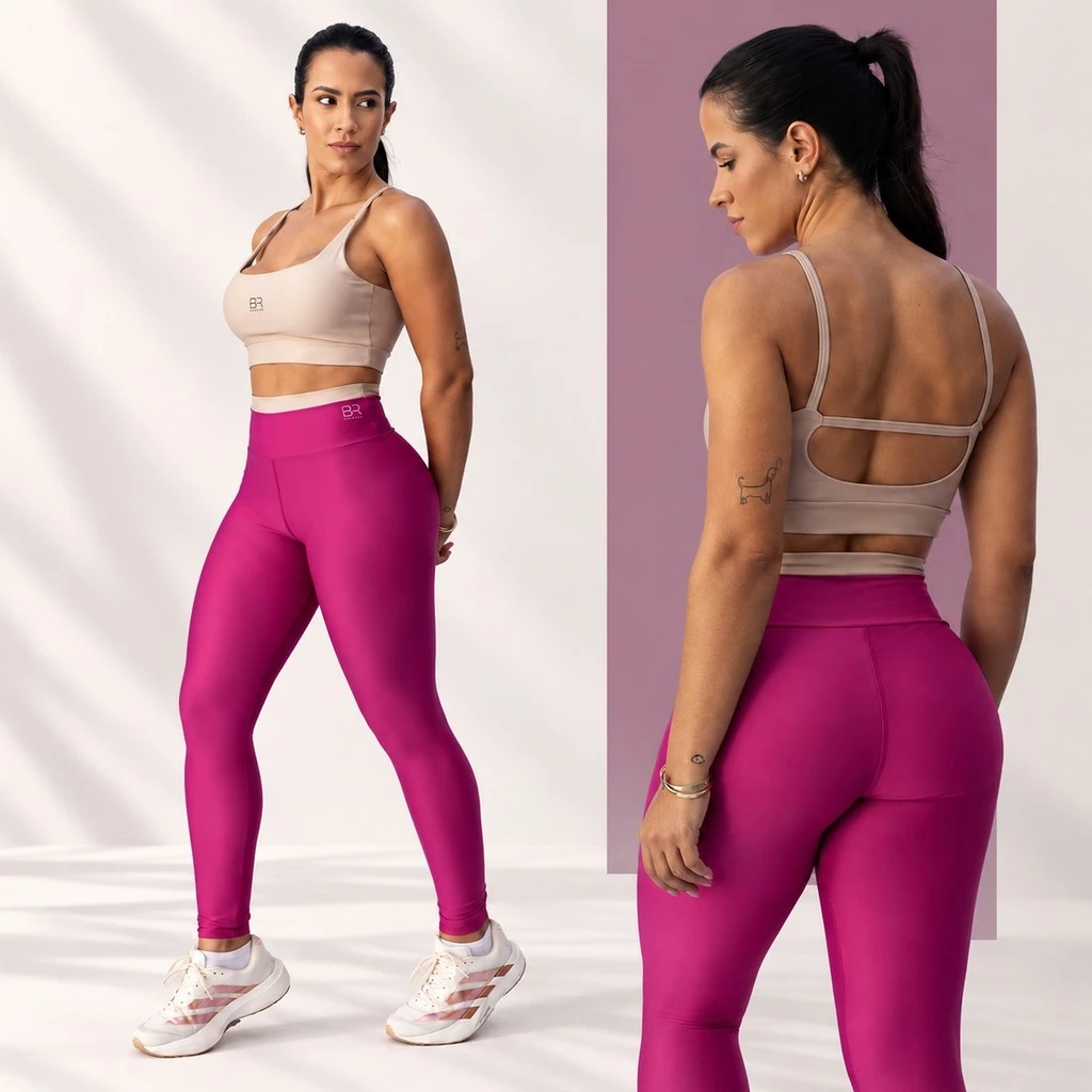 Conjunto Fitness Feminino Bicolor Calça Legging Cintura Alta e Top Alça Academia Zero Transparência — imagem 1
