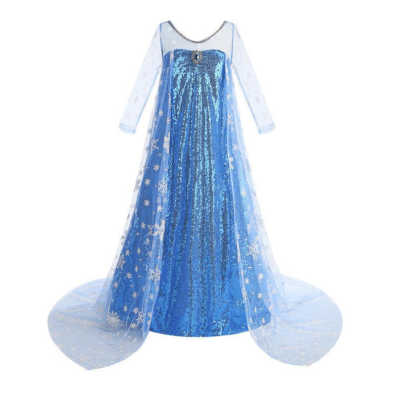 2024 Frozen Girl Elsa Princess Dress Lantejoulas Manga Comprida Vestido Longo de Uma Peça Vestido Elsa Infantil.