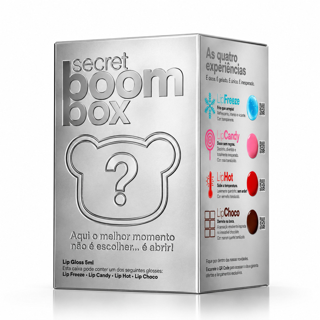 Secret Boom Box MBOOM com gloss surpresa, Mboomie colecionável e chaveiro