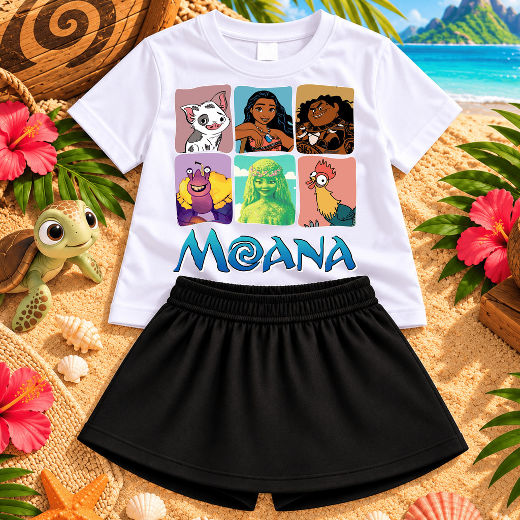 Conjunto Infantil Moana Menina Camiseta Estampada e Short Saia Preto Roupa Feminina Verão Look Infantil Confortável