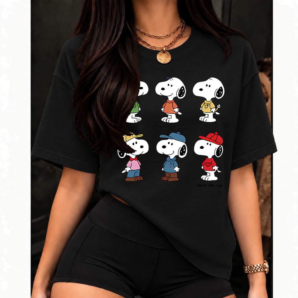 [Camiseta Premium em Algodão Puro] SUSU Estampa Snoopy Coleção Personagens Turma do Peanuts Divertida Feminina Manga Cur