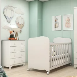 Quarto de Bebê Cômoda 4 Gavetas e Berço Mimo MDF Espresso Móveis Branco Brilho Branco Brilho
