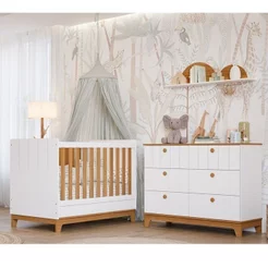 Conjunto Quarto de Bebê 1 Berço 1 Cômoda 6 Gavetas Chantilly Branco/Nature Branco/Nature