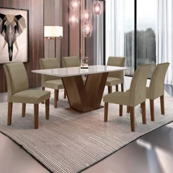 Conjunto Sala de Jantar Mesa 6 Cadeiras Tampo de Vidro Espanha Yescasa Marrom Off White/Bege Chocolate/Off White/Veludo