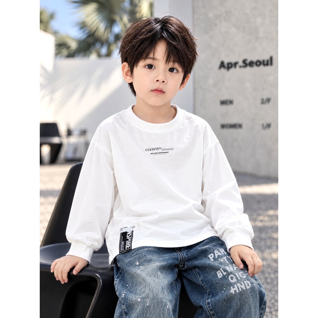 Crianças requintado bordado puro algodão carta de manga comprida camiseta 2026 outono novo estilo meninos branco solto t