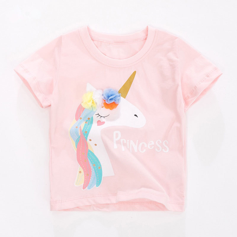 Bonito menina rosa unicórnio dos desenhos animados camiseta de manga curta puro algodão macio Casual respirável roupas i