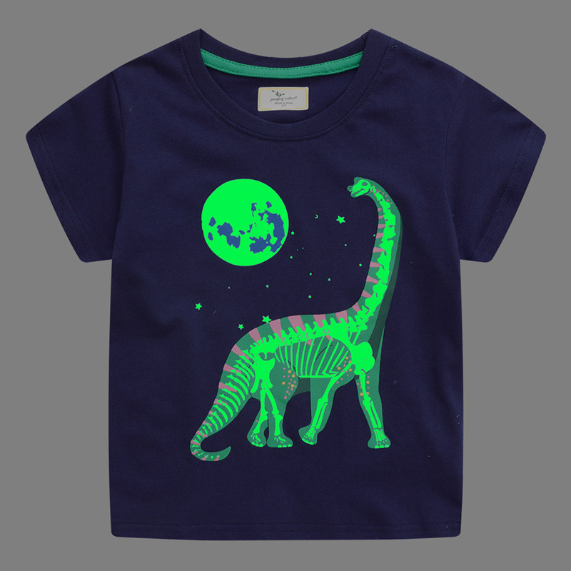 Novos meninos médio pequeno crianças dos desenhos animados de manga curta luminosa lua dinossauro camiseta de malha algo