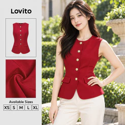 Blusa Feminina Lovito Elegante com Botões Frontais Primavera/Verão Vermelho LK2LD422
