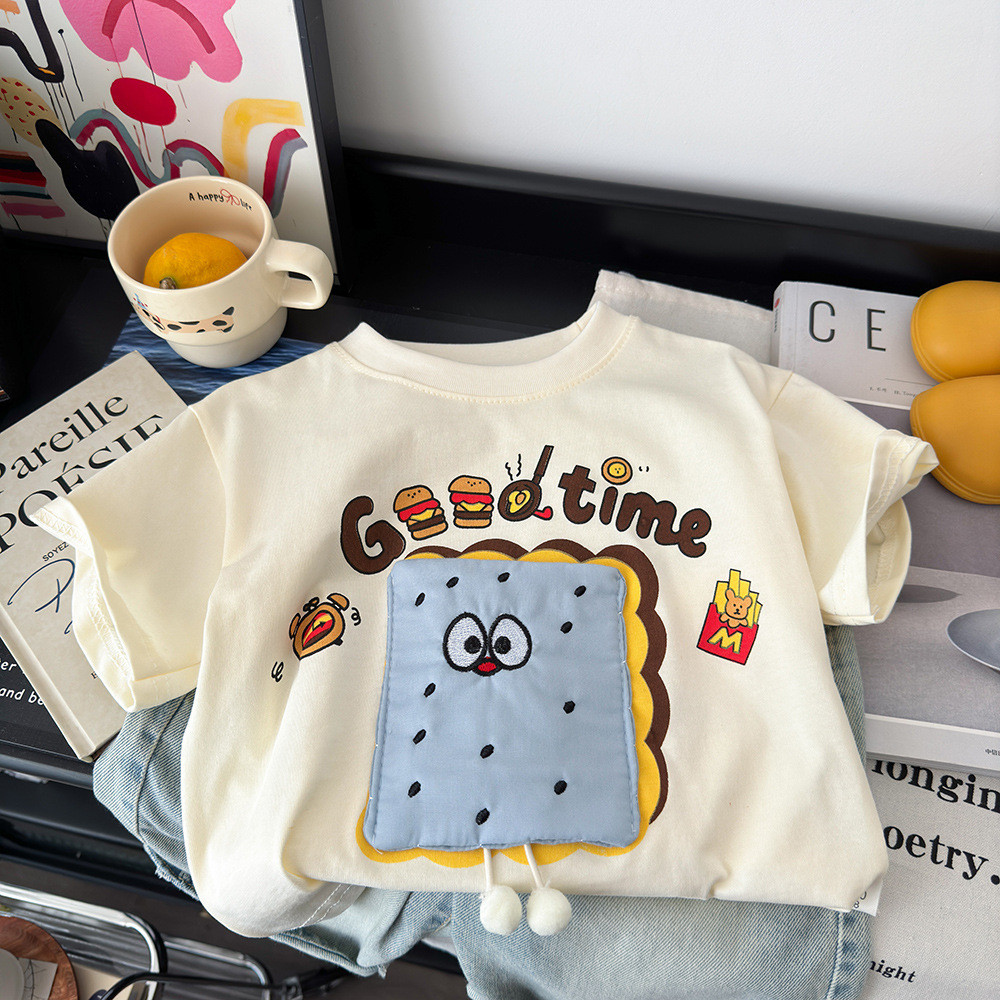Crianças estilo coreano puro algodão boneca de manga curta camiseta roupas de verão meninos meninas dos desenhos animado