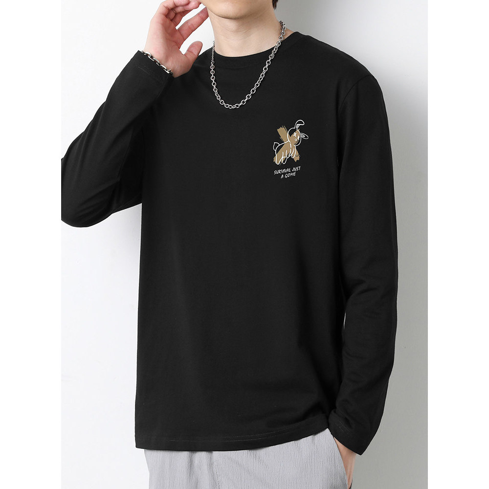 Camiseta masculina de manga comprida de algodão puro outono estilo fino na moda impressa camisa de fundo interno em torn
