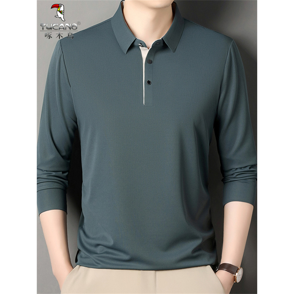 Woodpecker primavera lapela de secagem rápida manga comprida camiseta masculina de meia-idade idosos fino solto Casual c