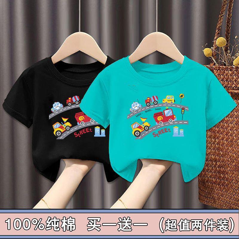 Puro algodão engenharia veículo meninos camiseta de manga curta roupas de verão médio pequeno crianças crianças roupas d