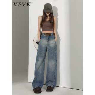 Vfvk americano Retro luz azul Jeans estrutura feminina solta Machete calças de perna larga 2026 outono novo estilo calça
