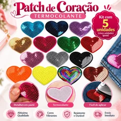 kit 5 Aplique Patch Coração Bordado Termocolante Lantejoulas