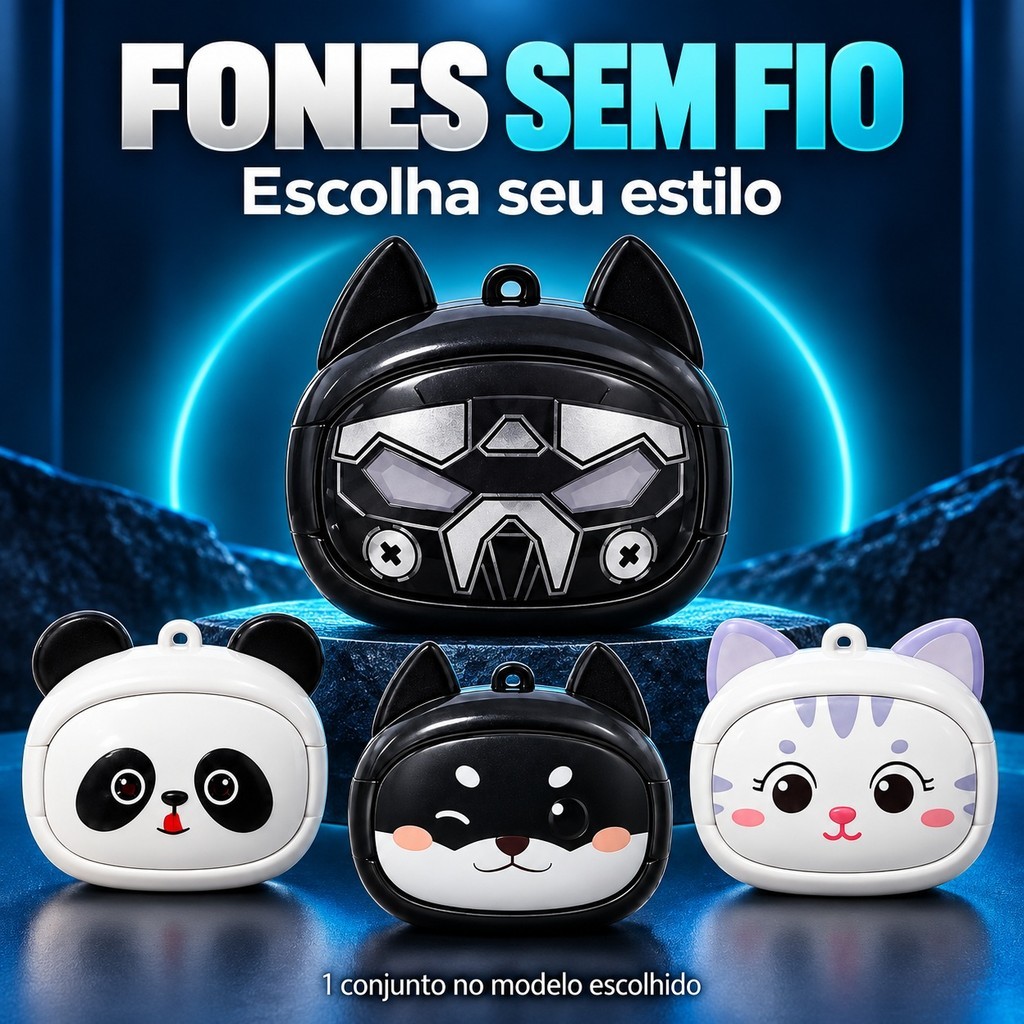 Fone Sem Fio com Estojo Criativo Bluetooth 5.3 para Música e Chamadas