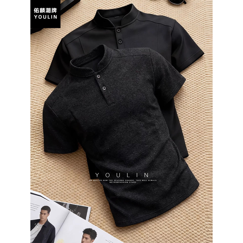 Estilo de dinheiro antigo preto Henry colarinho de manga curta masculino verão padrão de osso de corvo gola alta camiset