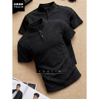 Estilo de dinheiro antigo preto Henry colarinho de manga curta masculino verão padrão de osso de corvo gola alta camiset