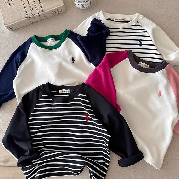 Crianças camiseta de manga comprida 2026 primavera novos produtos meninos meninas cor-bloqueando topos bebê Raglan camis