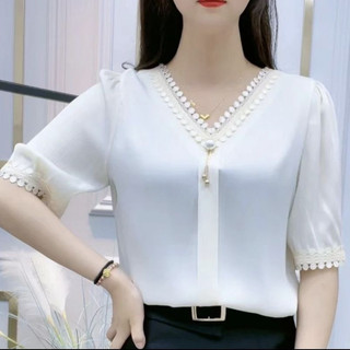 2 Blusa de chiffon para mulher, tamanho plus size, estilo coreano, casual, com decote em V e mangas curtas, UHJY.