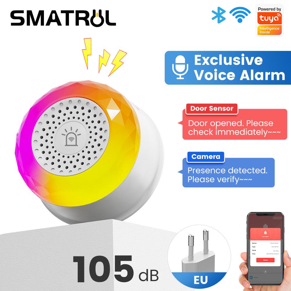 SMATRUL Tuya WiFi Sensor De Alarme De Som E Luz Com Plugue Ue Para Smart Life App Controle Porta/Janela Câmera Solo Gás