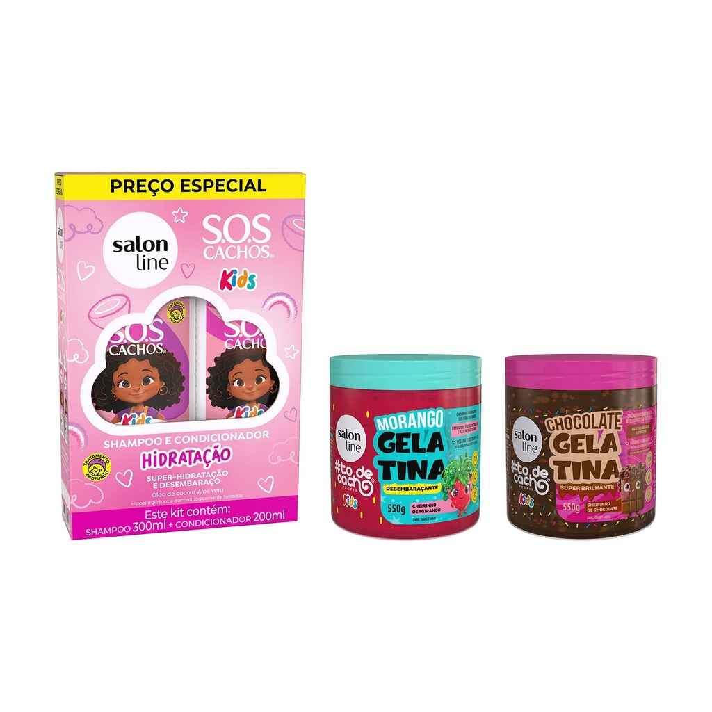 Kit Shampoo e Condicionador SOS Cachos Kids com 2 Gelatinas #todecacho Morango e Chocolate 550g em Oferta na Shopee