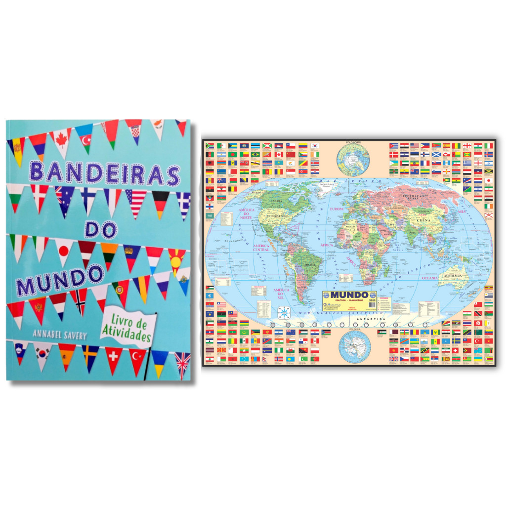Kit: Livro de Atividades - Bandeiras Do Mundo + Mapa Mundi Gigante - Educativo 