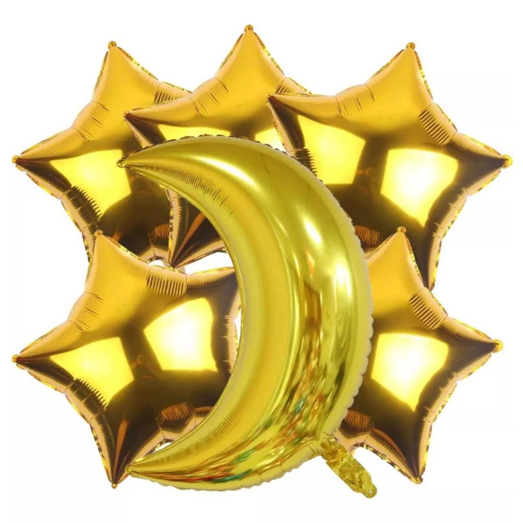 Kit c/ 6 Pcs Balão Metalizado 1 Lua Dourado 73cm + 5 Estrela Dourado 45cm - Festa