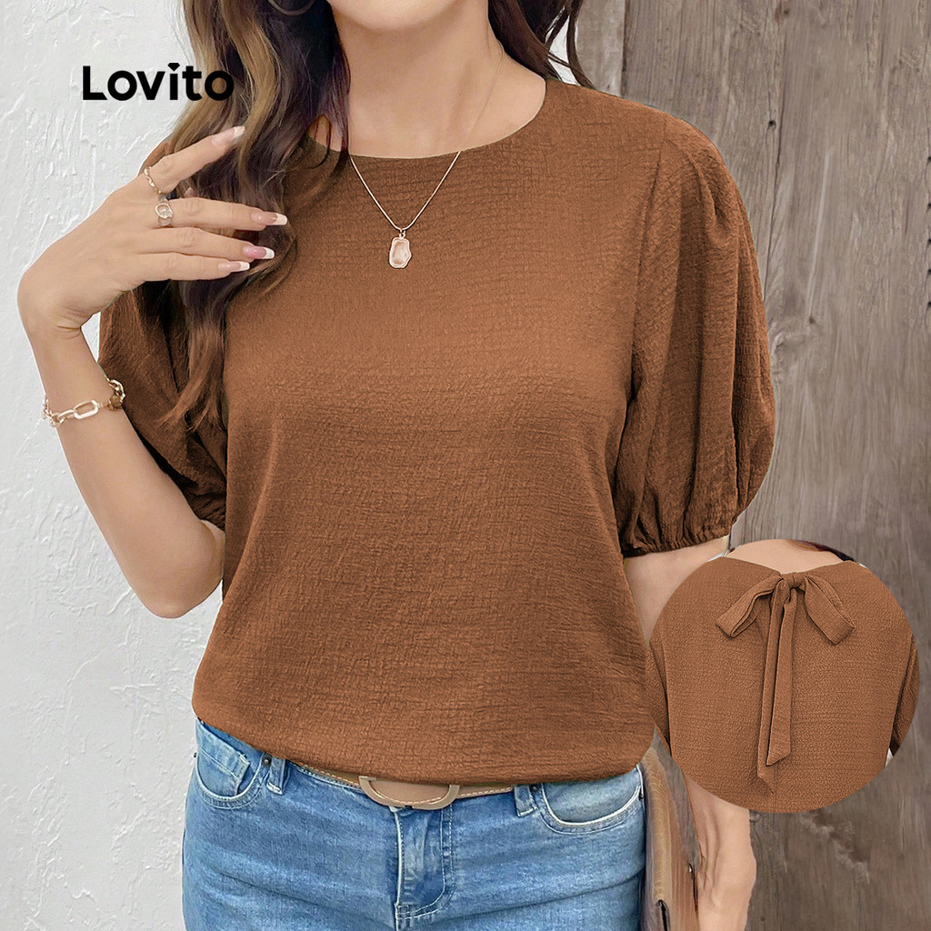 Lovito Blusa Casual Com Amarração Nas Costas E Pregas Simples Primavera/verão Na Cor Marrom Para Mulheres L155AD394