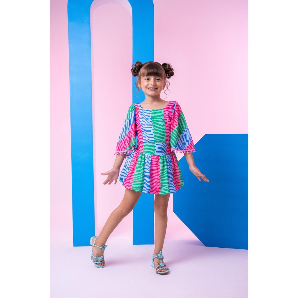 Conjunto Infantil Juvenil Menina Moda Blogueirinha Blusa Manga e Saia Roupa Festa Colorida Soltinho Aniversário 4 Ao 12